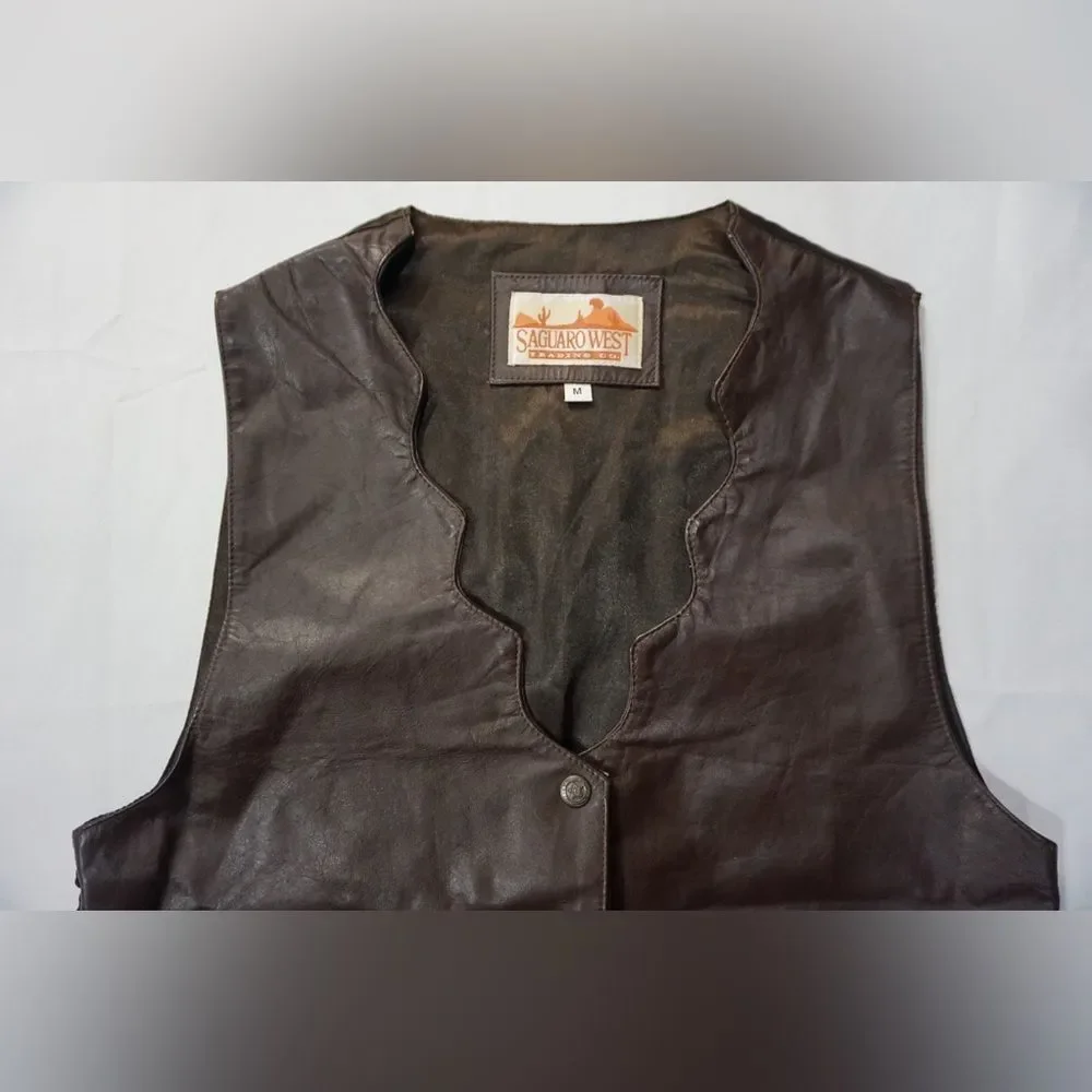 Vintage Saguaro West Brown Leather Vest Medium Western Cowboy Biker Cowboycore